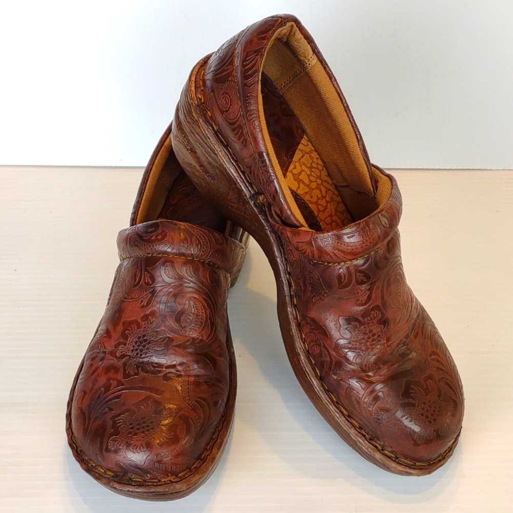 Bolo by Born Andria Brown Faux Leather Tooled (Embossed) Clogs